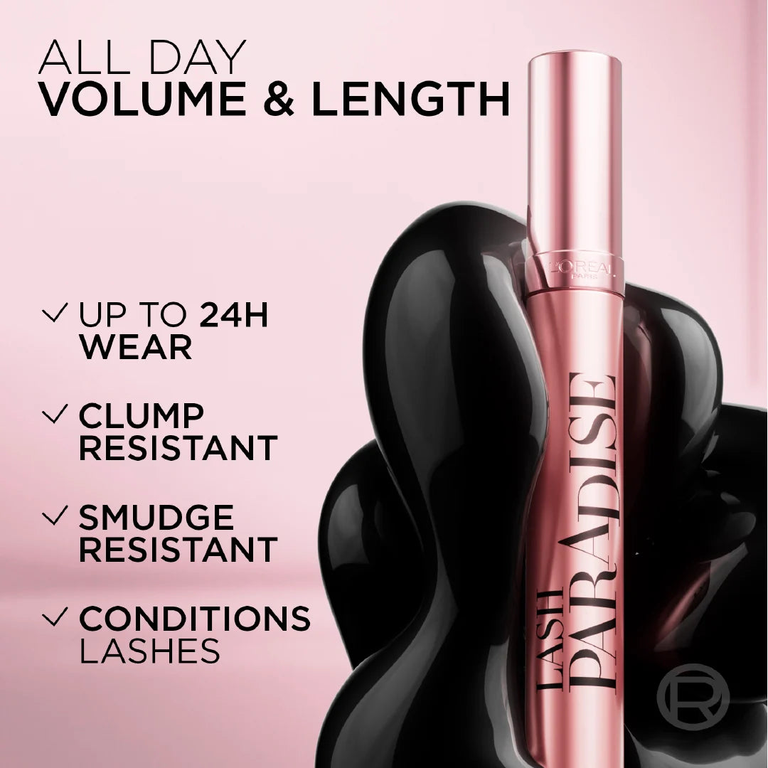 L'Oréal Paris Lash Paradise 24 Hour, Volumizing and Lengthening Black Mascara- Washable