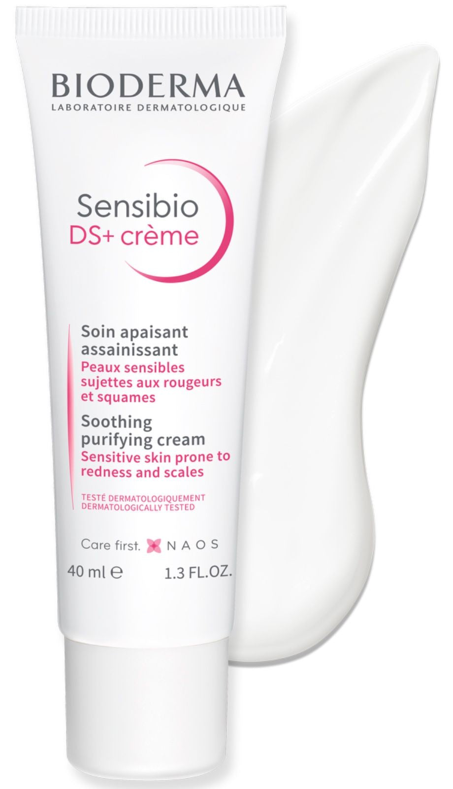 Bioderma Sensibio DS+ Cream packaging, which is a tube with a white dispenser cap designed for applying the skin care product.