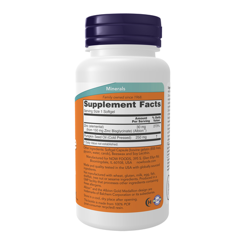 NOW® Zinc Glycinate 30mg AlbionTM Zinc 120 Softgels
